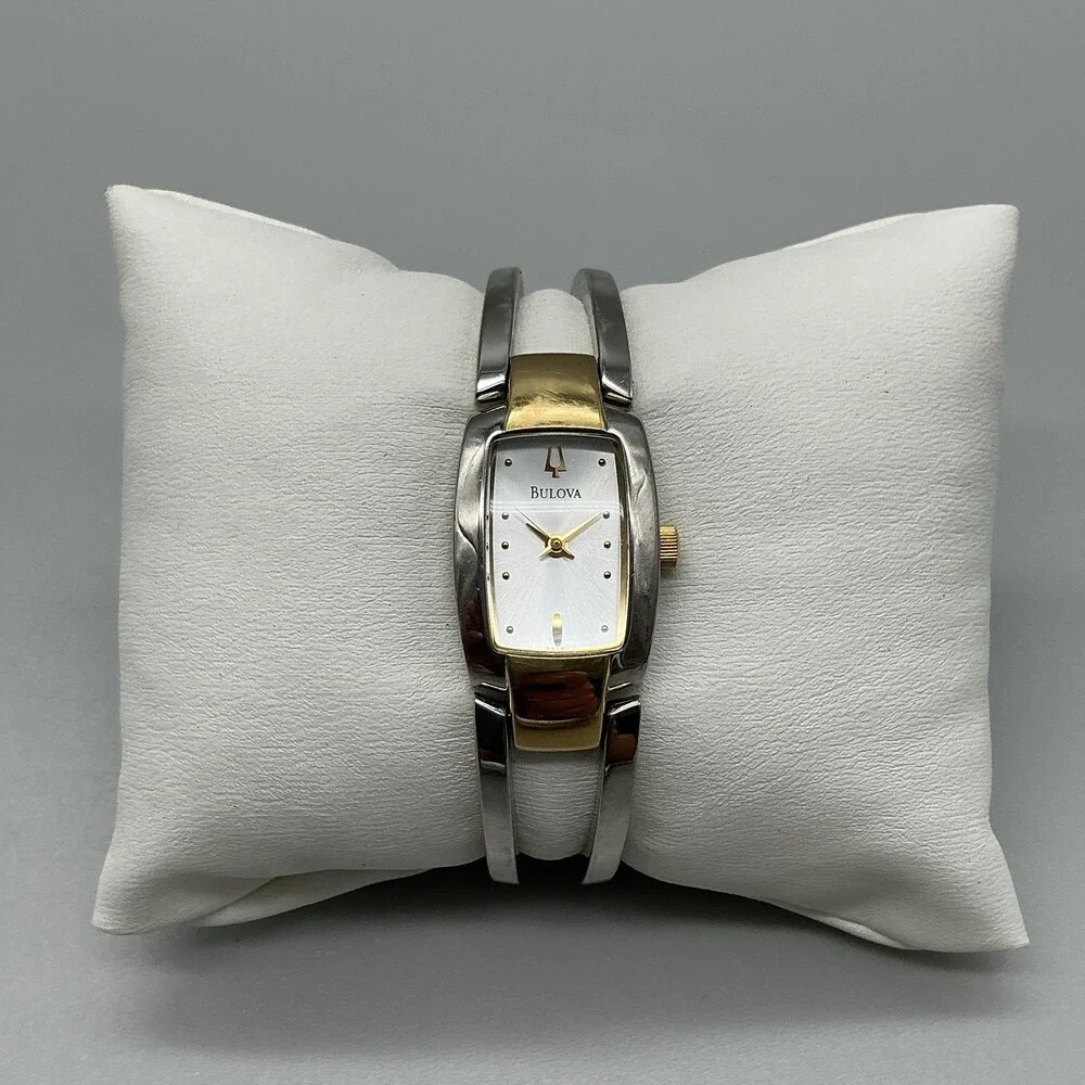 Bulova Womens Watch 17mm Two Tone Bangle Stainless Steel 98T81 New Battery 5.75